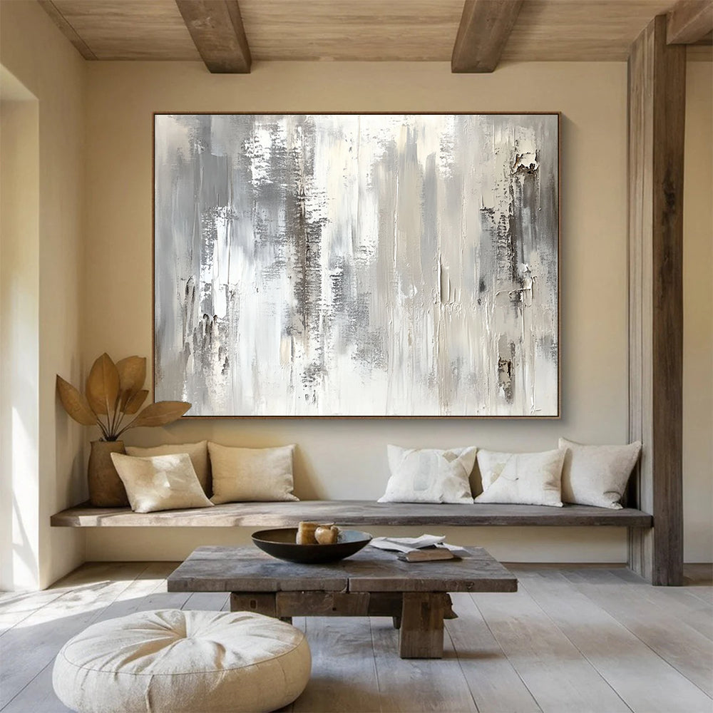 “Monochrome Textured Abstract” - Gray, White, Textured Brushstrokes Painting On Canvas HB0886