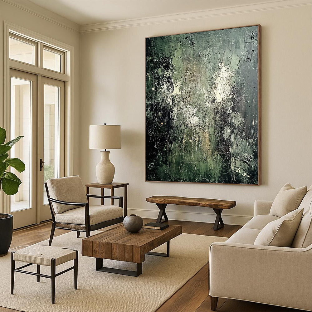 Contemporary hand-painted abstract artwork featuring a textured mossy green wall with peeling paint and a contrasting dark gray background. DLZ0582