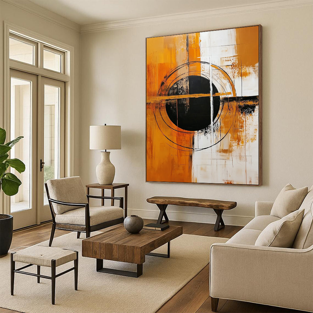 Large contemporary hand-painted abstract artwork featuring a central black circle on an orange and white background with geometric shapes and bold colors. DLZ0505