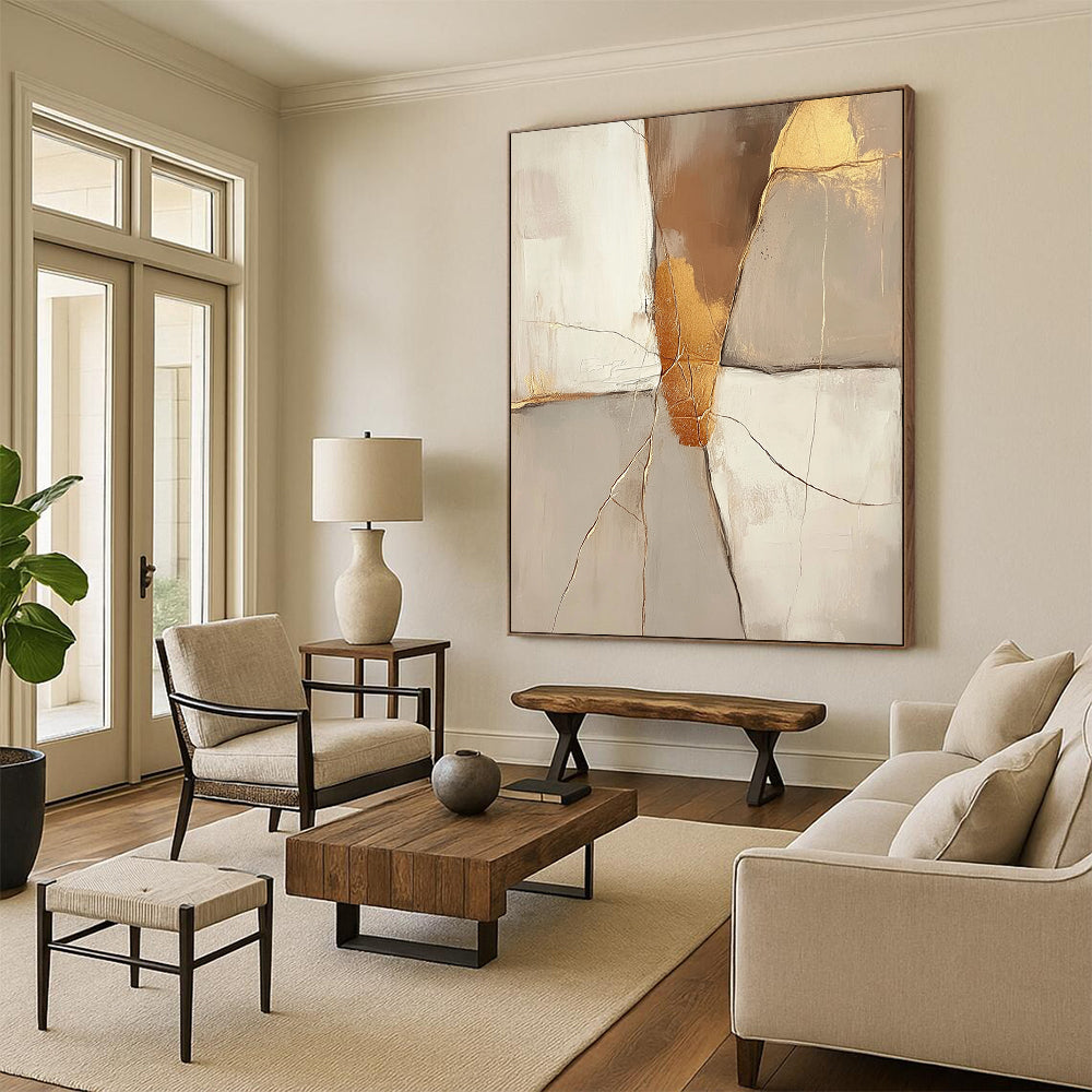 Contemporary hand-painted abstract artwork featuring a beige background with golden cracks and neutral tones in brown and gold. DLZ0290