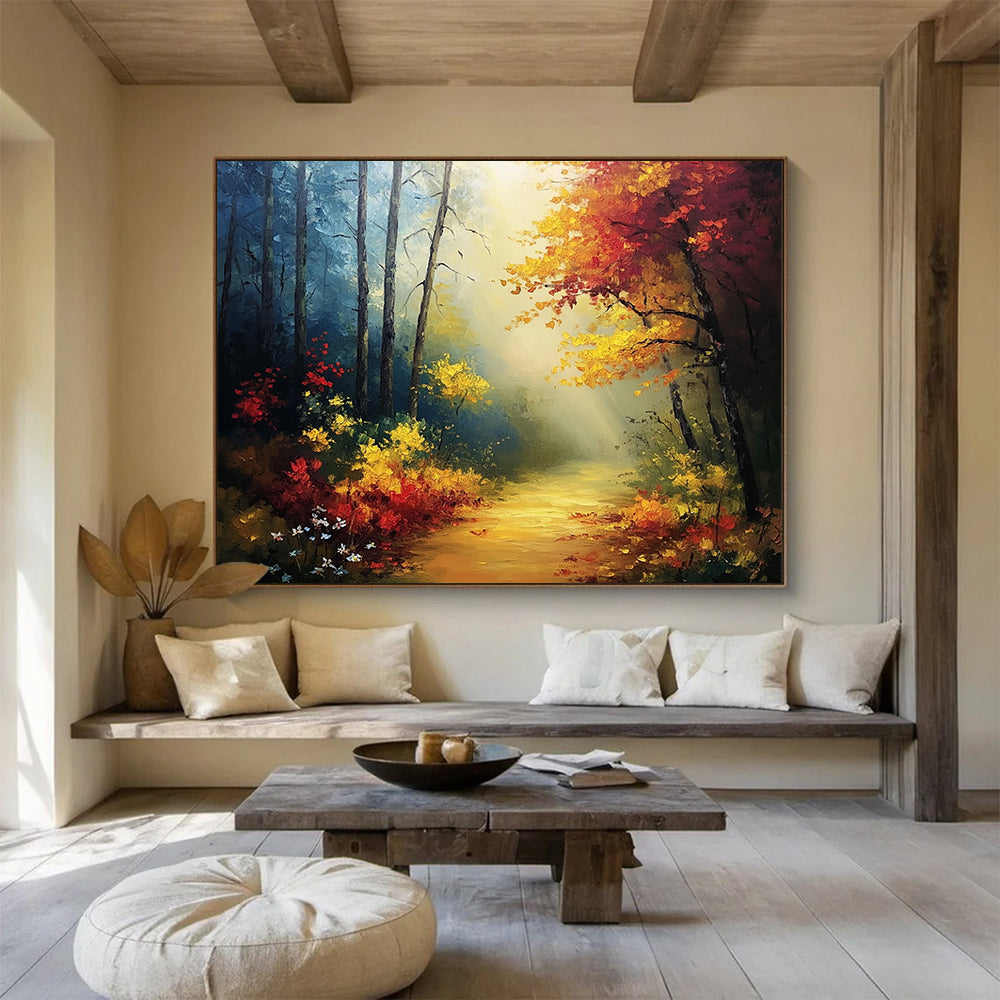 “Sunlit Forest Path” - Yellows, Reds, Greens, Forest Path with Sunbeams - Impasto Oil Painting HB1711