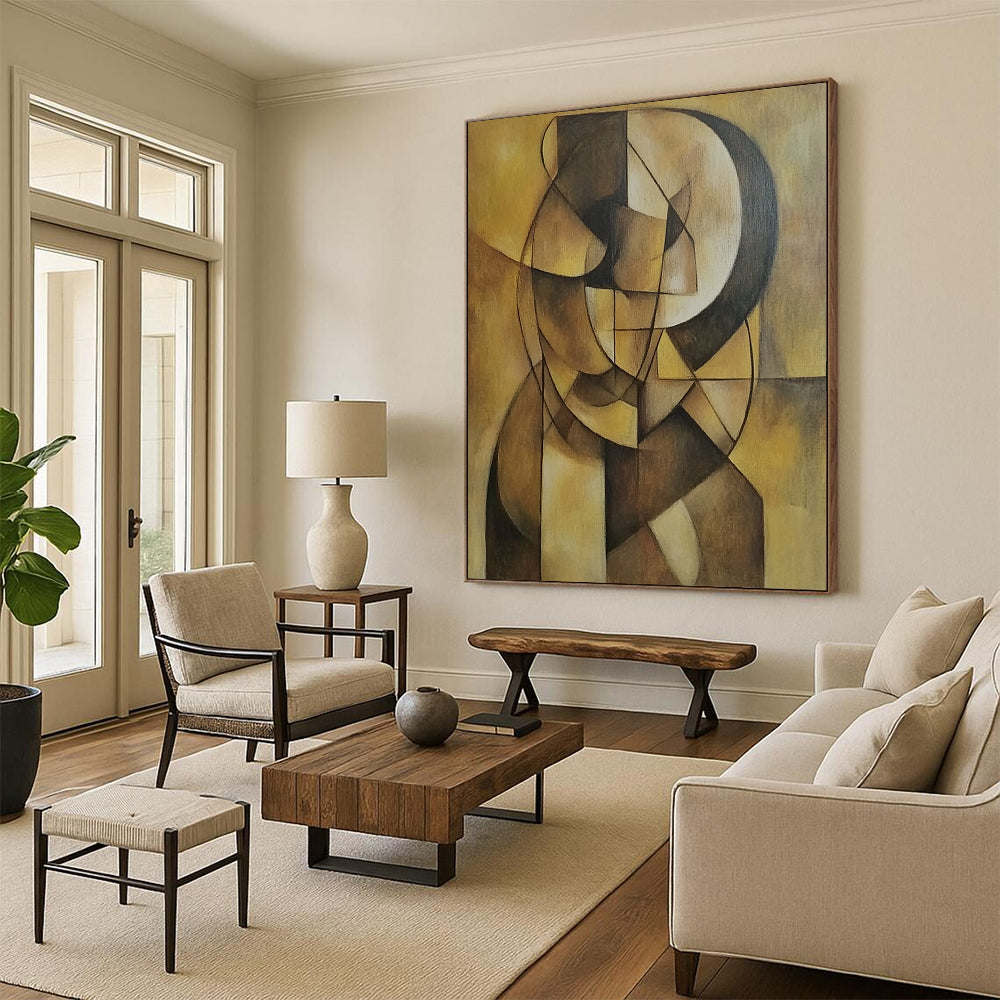 Contemporary hand-painted abstract artwork featuring geometric shapes and earthy tones on a muted yellow background, emphasizing depth and simplicity. DLZ1238