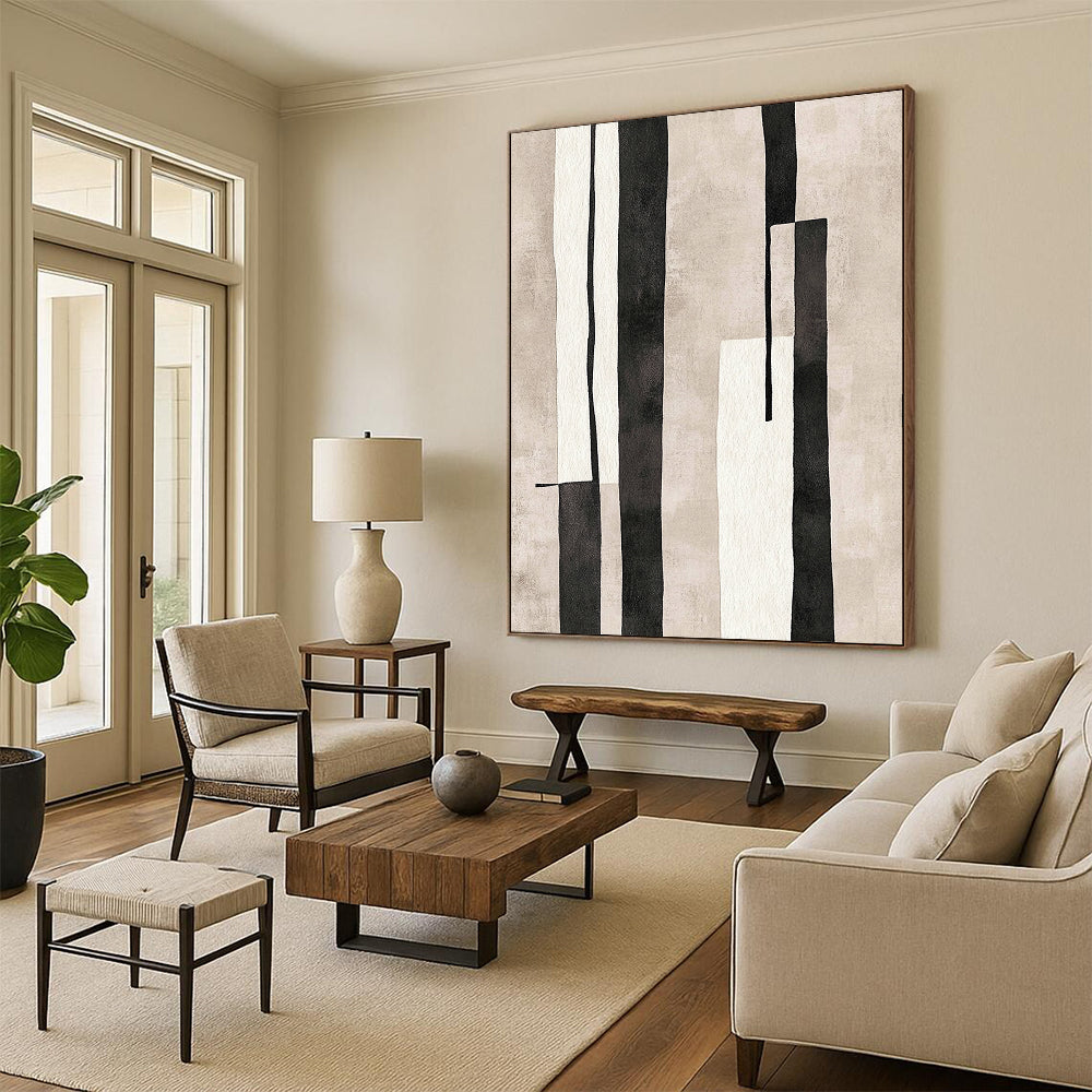 Large contemporary hand-drawn abstract art featuring vertical rectangular shapes in minimalist style with muted colors on textured paper inspired by Matisse. DLZ1270