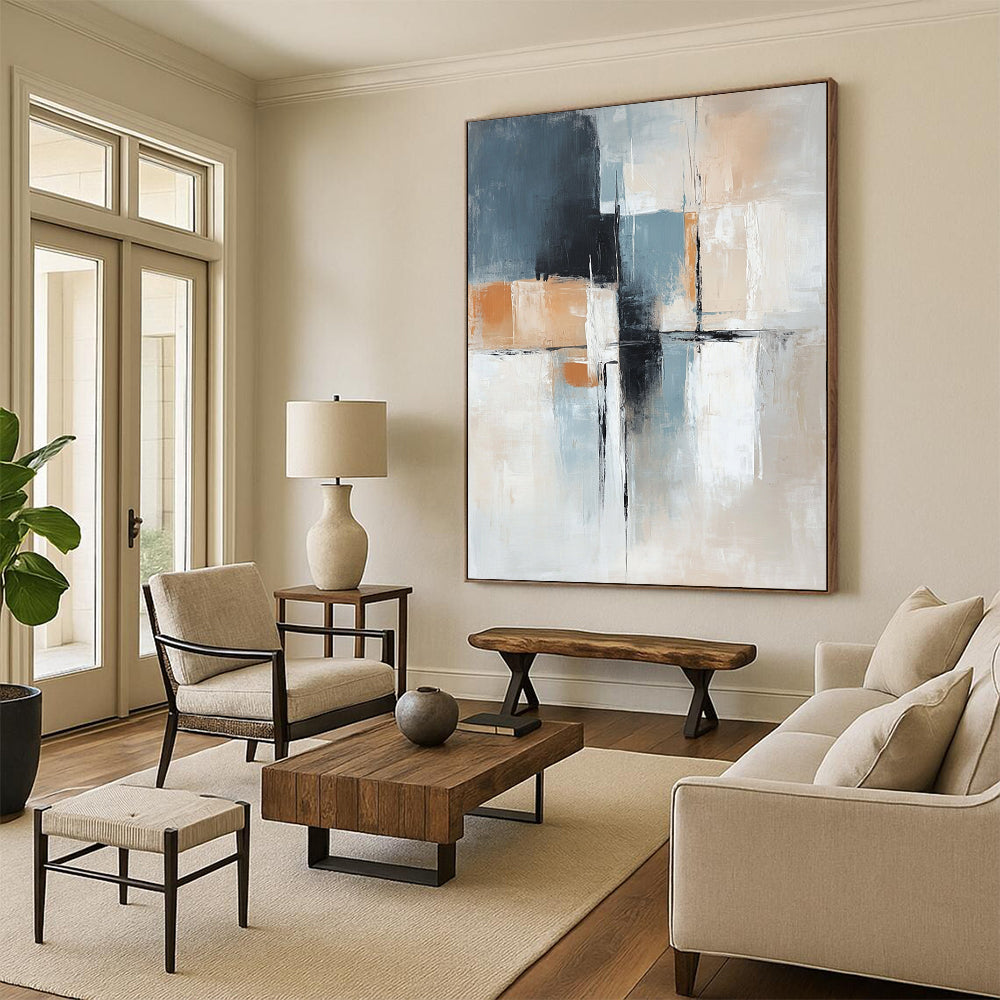 Large contemporary hand-painted abstract artwork in blue beige and grey with black lines soft white shapes and an orange accent in a minimalist style. DLZ1044