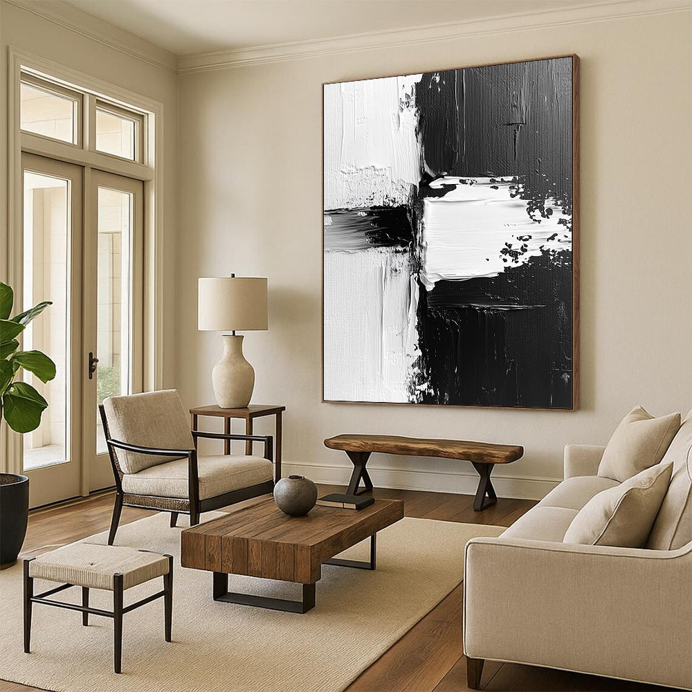 Contemporary abstract painting features dynamic black and white textures with expressive brush strokes and vibrant paint splashes on canvas. DLZ0309