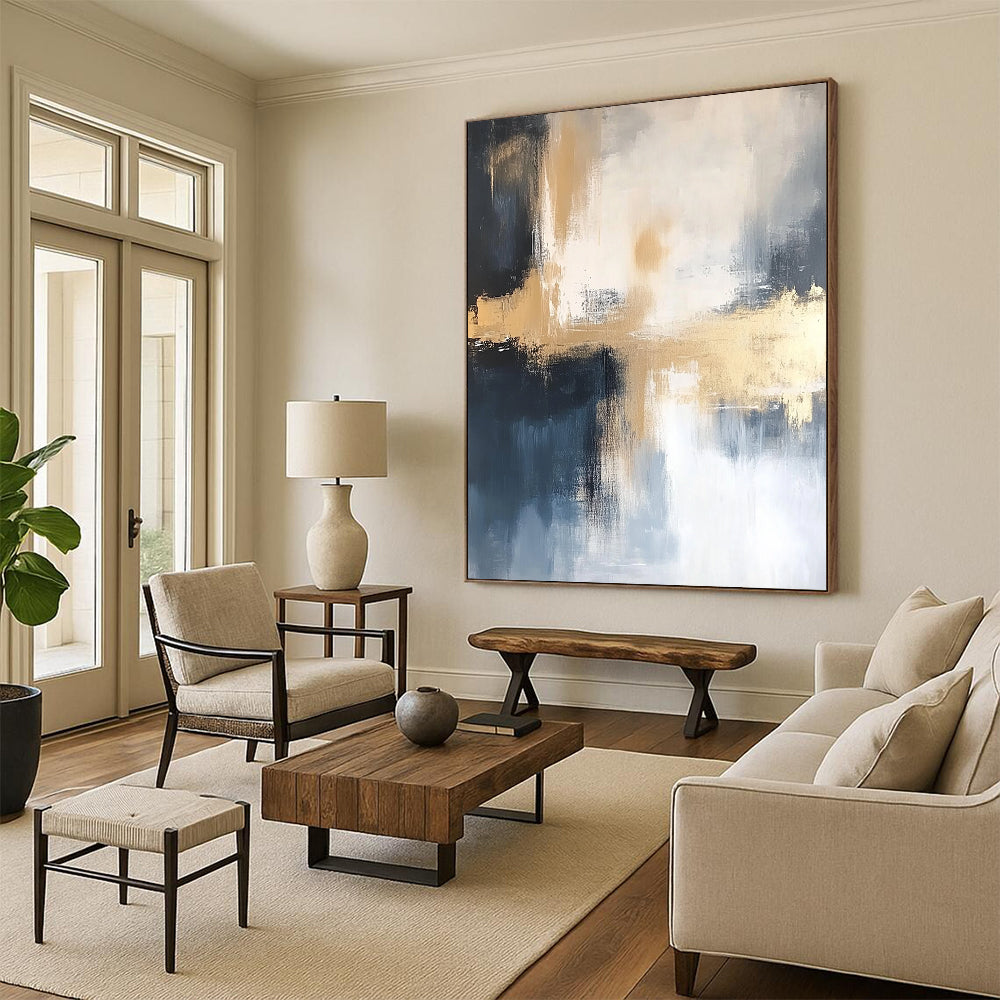 Contemporary hand-painted abstract art featuring gold, white, blue, black, and gray tones on a soft white background, perfect for modern decor. DLZ0436
