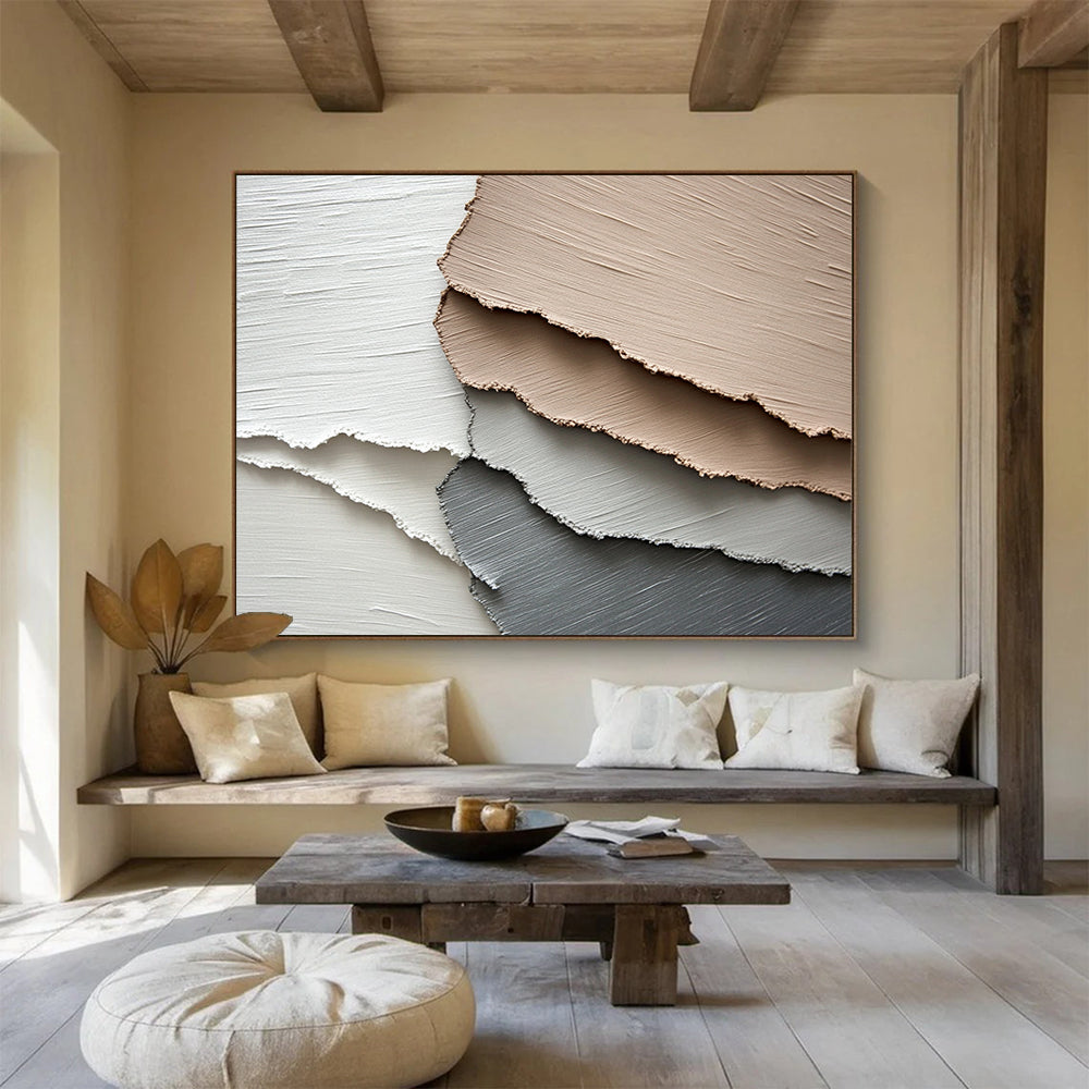 “Neutral Textured Layers” - White, Beige, Gray, Textured Abstract Shapes - Mixed Media Art HB1646