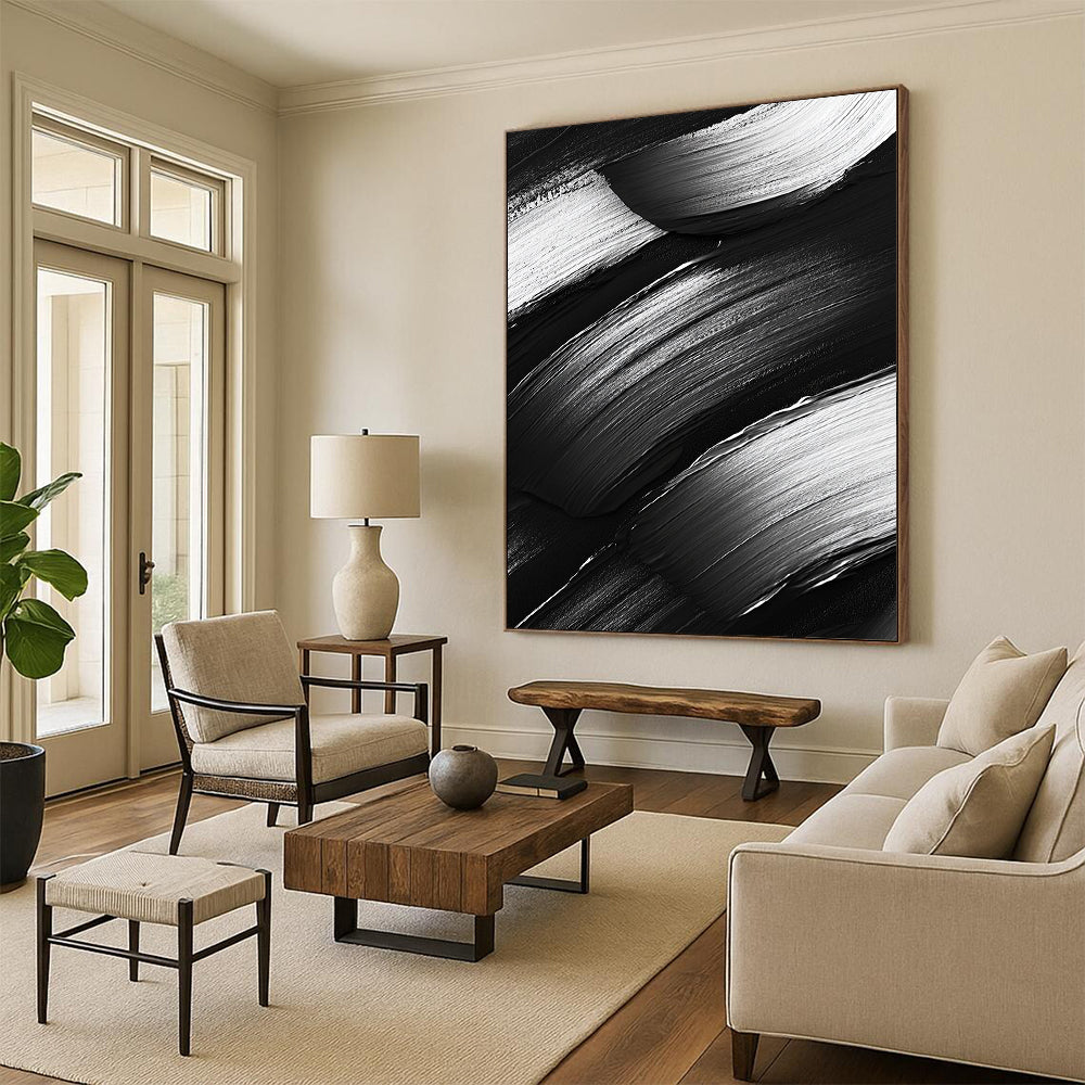 Black and White Textured Brushstrokes "Monochrome Rhythm" Painting On Canvas HB311