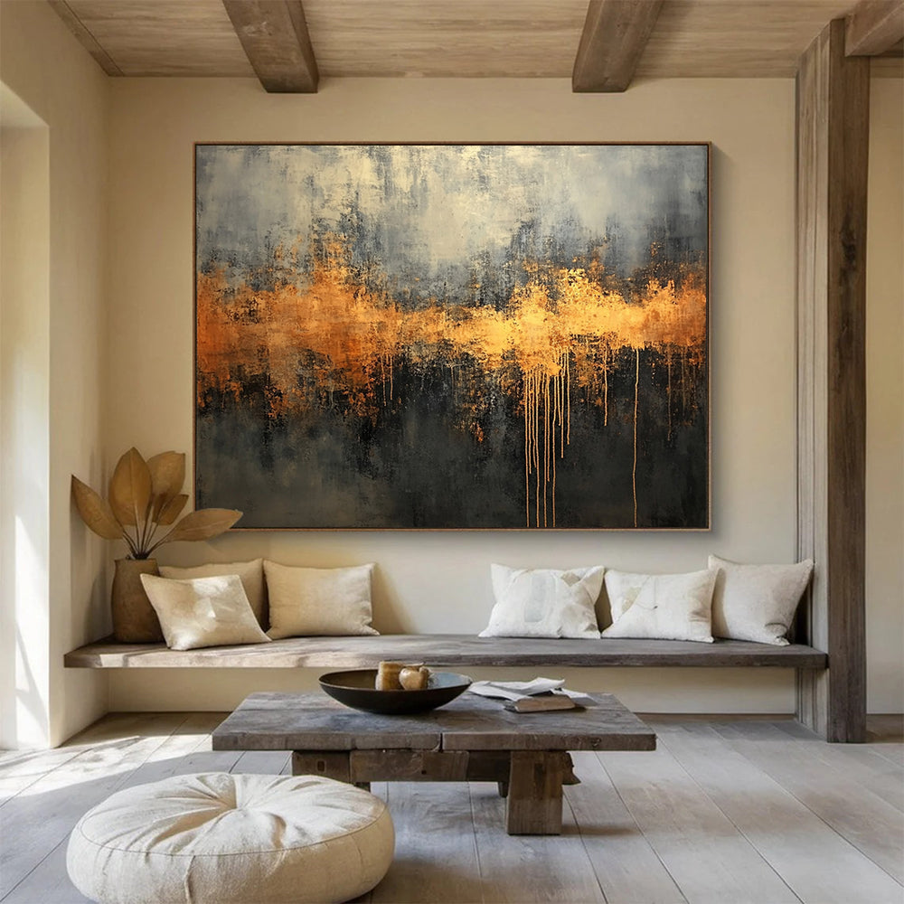 “Gothic Gold Drip” - Gray, black, gold; Dramatic gold drips on dark; Oil Painting On Canvas HB1211