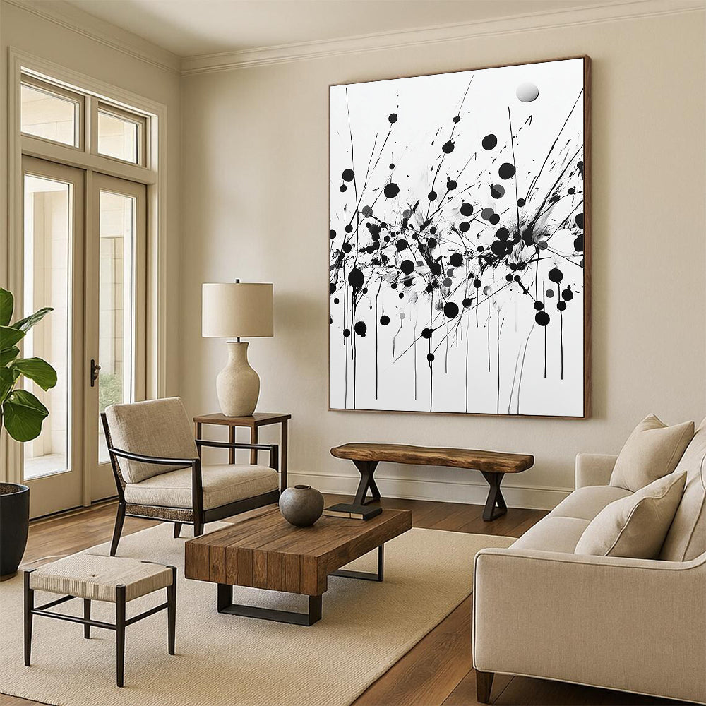 Black Dots, Lines & Splatters on White - “Dynamic Ink Chaos” Painting On Canvas HB224