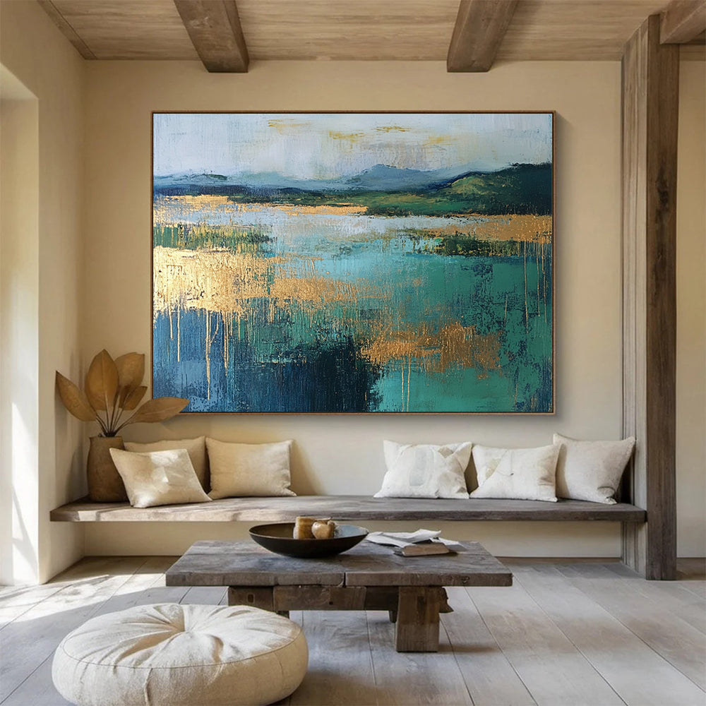 “Gold - Accented Lake Scene” - Blue, Green, Gold, Abstract Lake Landscape Painting On Canvas HB0990