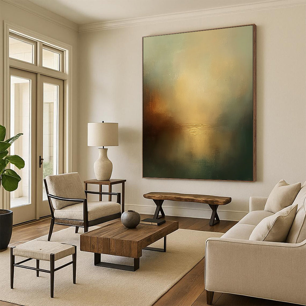 Contemporary abstract painting featuring a misty sky and tranquil water with muted colors creating an atmospheric ambiance. DLZ0474