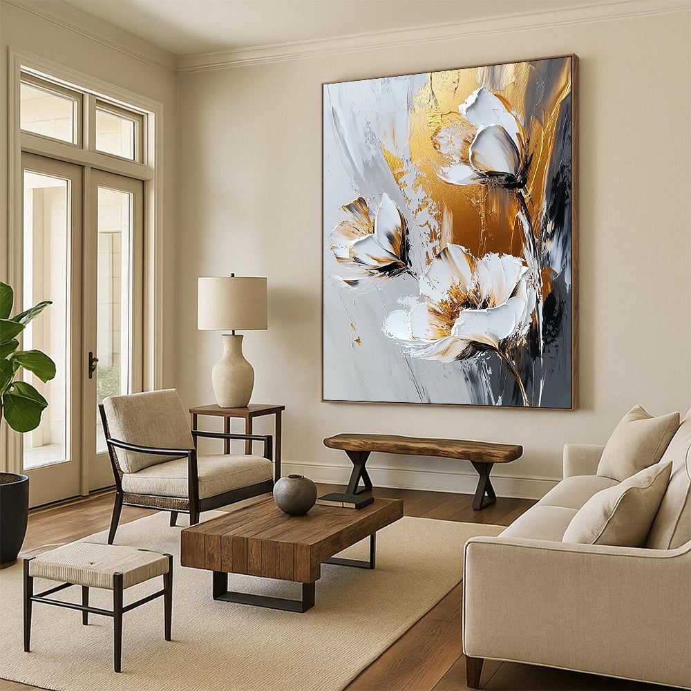 Contemporary abstract artwork featuring gold and white flowers on a grey background with expressive white brush strokes, emphasizing a textured palette knife technique. DLZ0386