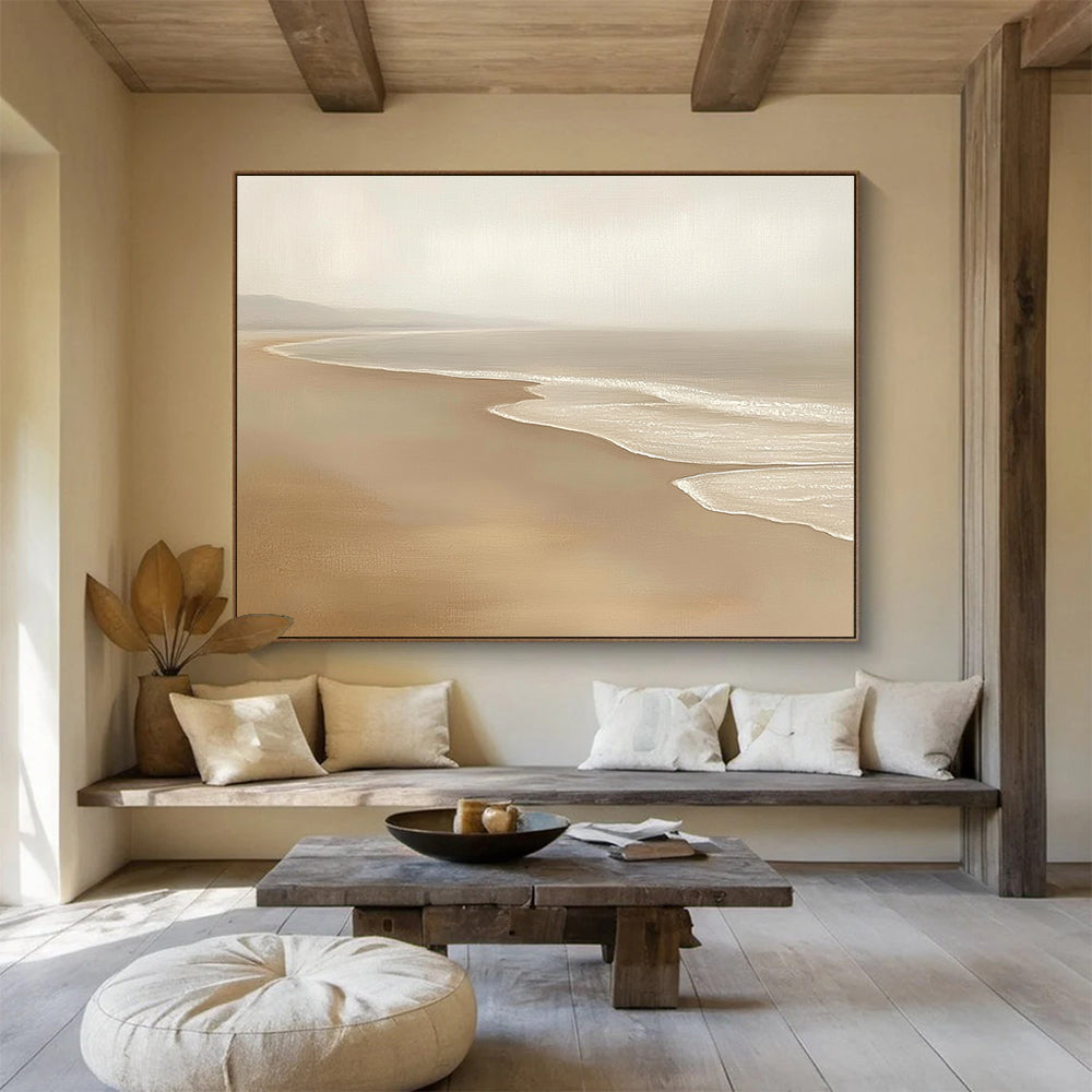 “Neutral Toned Beach Serenity” - Beiges, Whites, Subtle Browns, Calm Beach - Oil Painting HB1618