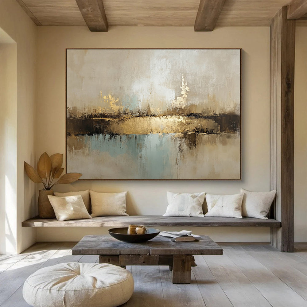 “Neutral Tones Abstract Landscape” - Beige, Gold, Blue, Textured Horizons, Abstract Landscape Painting On Canvas HB0898