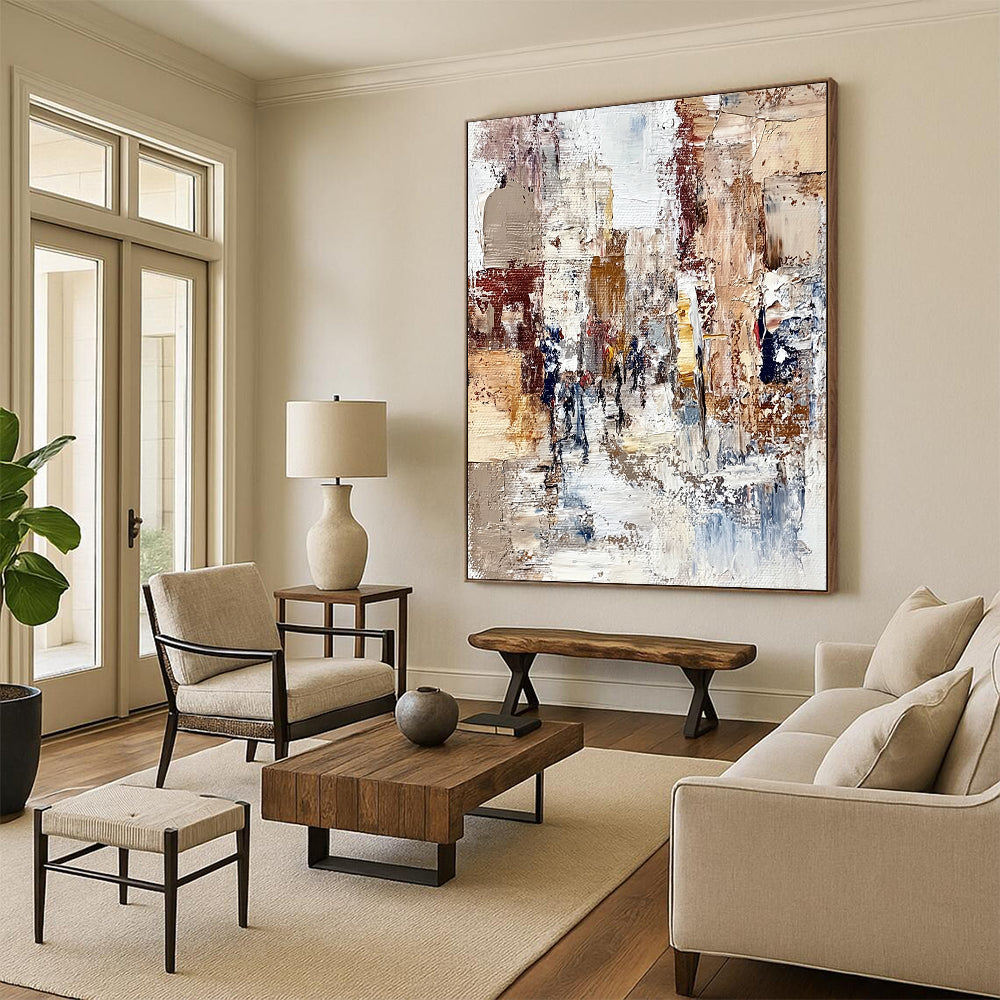 Contemporary hand-painted abstract artwork featuring textured streets and figures in an old European city with rich colors and intricate details. DLZ1005
