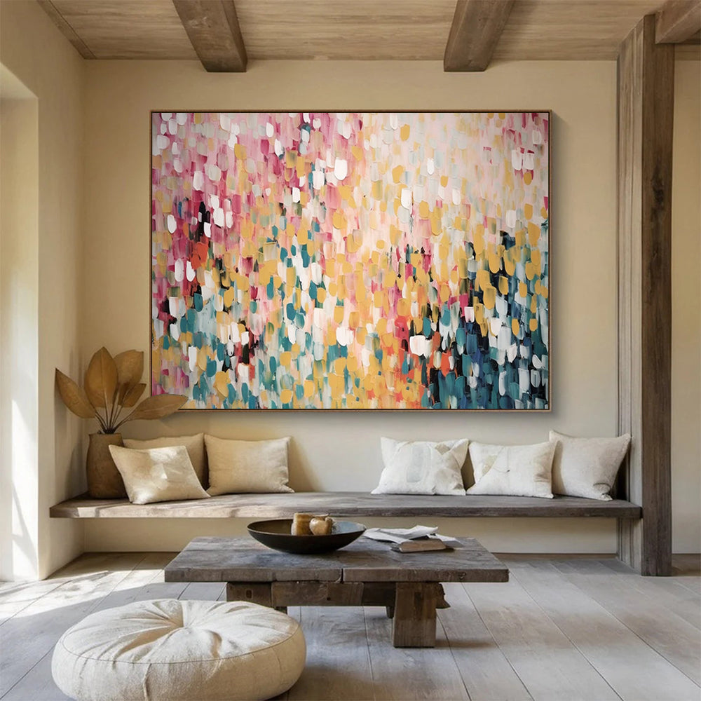 Yellow - Pink Dot Abstract - Cheerful Dining Room Art DLZ166