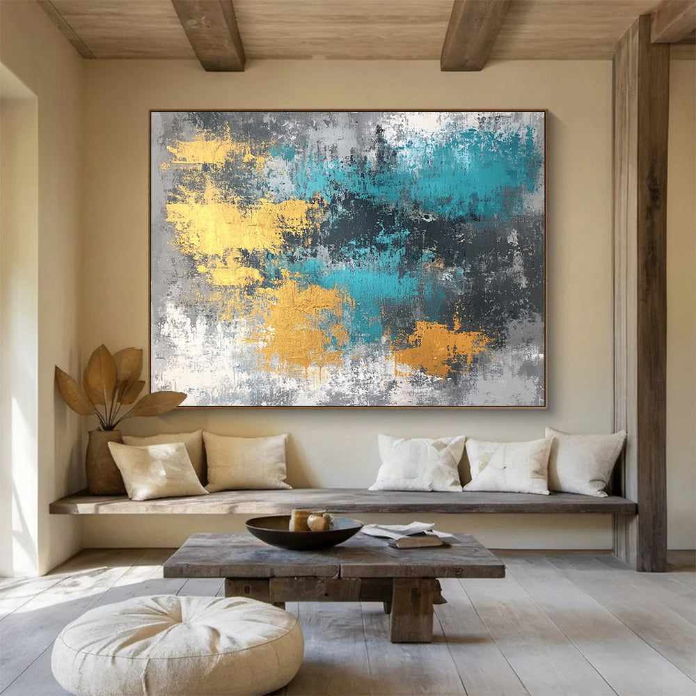 “Gold Teal Gray Abstract Textures” - Gold, teal, gray; Abstract with textured brushstrokes HB1286