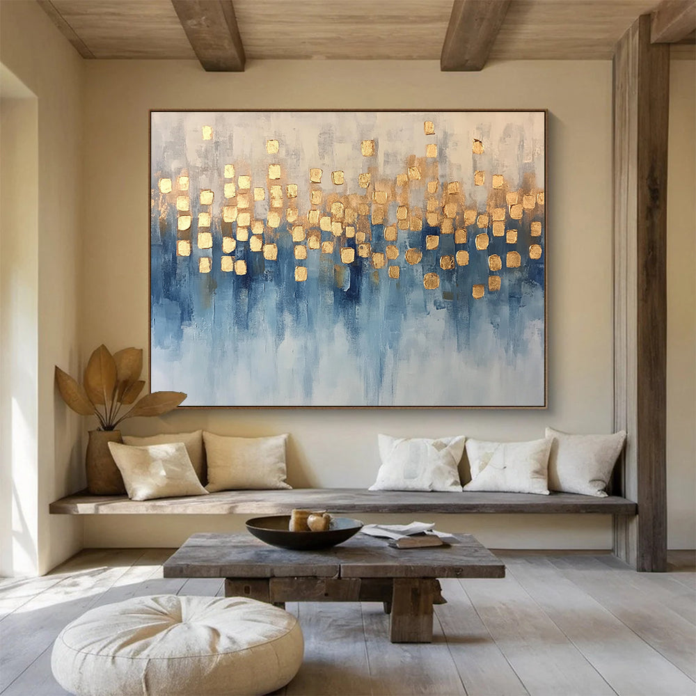 “Blue and Gold Dots” - Blue, Gold, White, Abstract Dotted Painting On Canvas HB1055