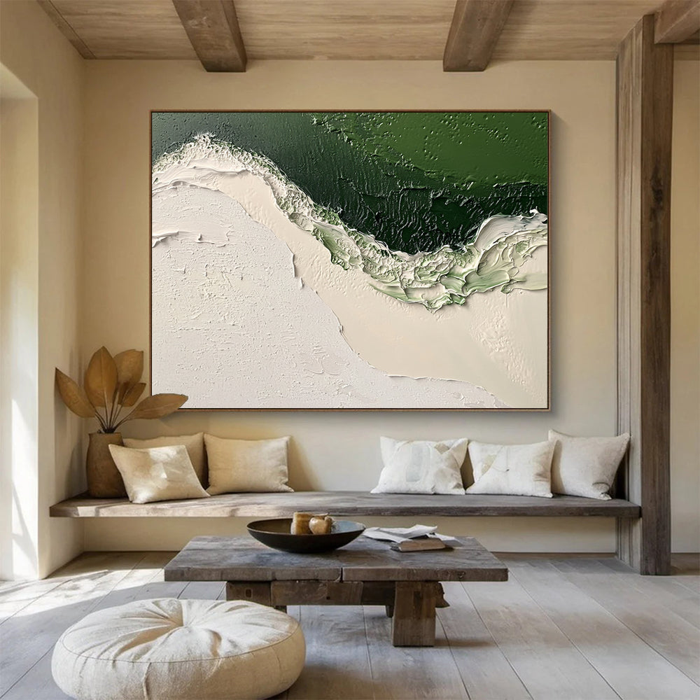 “Textured Green and White Abstract” - Green, White, Thick Textures Painting On Canvas HB0890