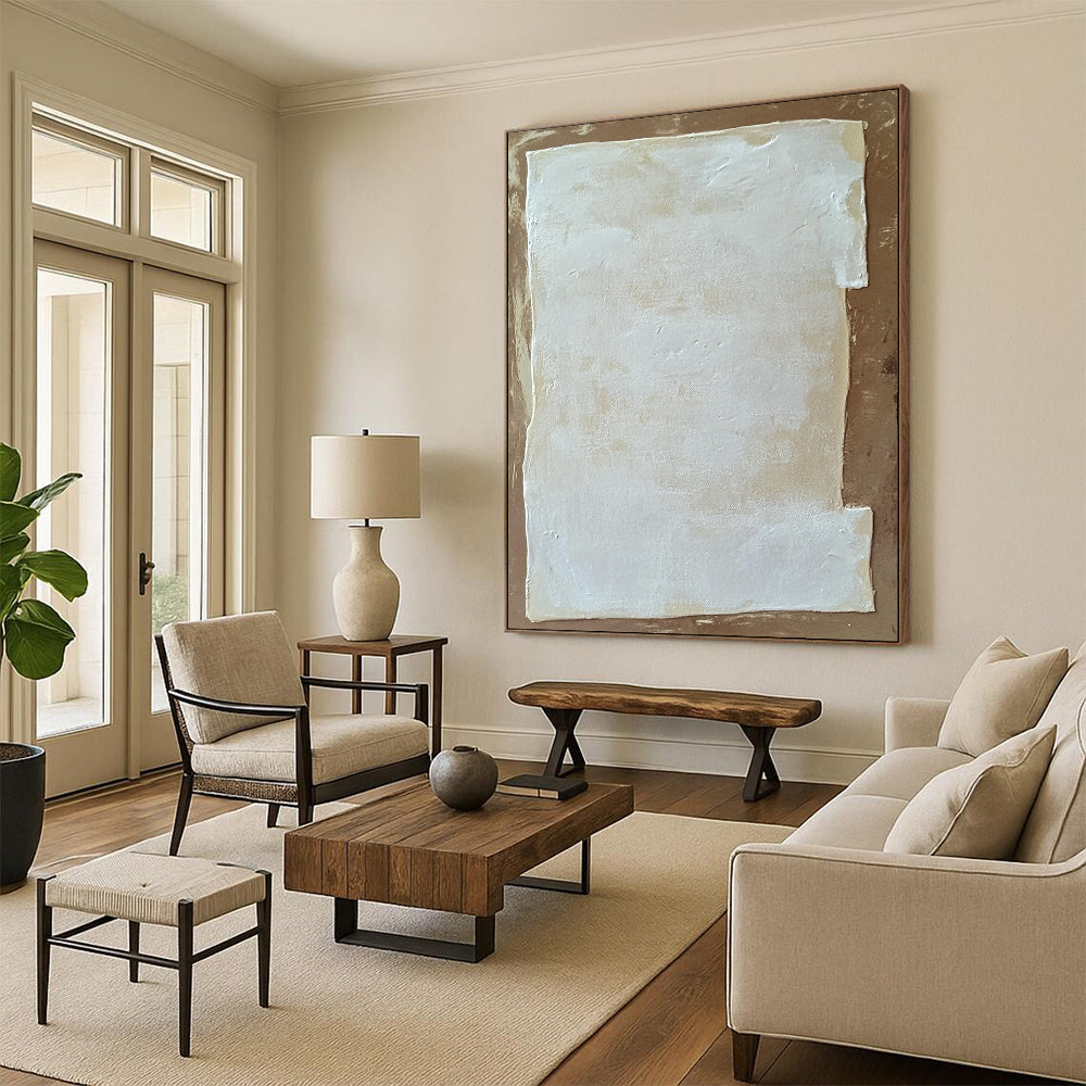 Contemporary abstract painting featuring white rectangular foam against a brown background inspired by Zdzisław Beksiński and Agnes Martin. DLZ1748