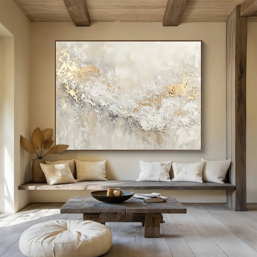 “Gilded Texture” - Beige, White, Gold with Textured Swirls - Abstract Acrylic Painting HB1337