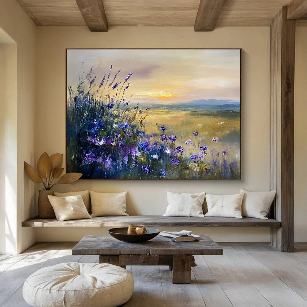 “Purple Wildflower Sunset” - Purple, Yellow, Blue, Wildflowers and Sunset Landscape Painting On Canvas HB0946