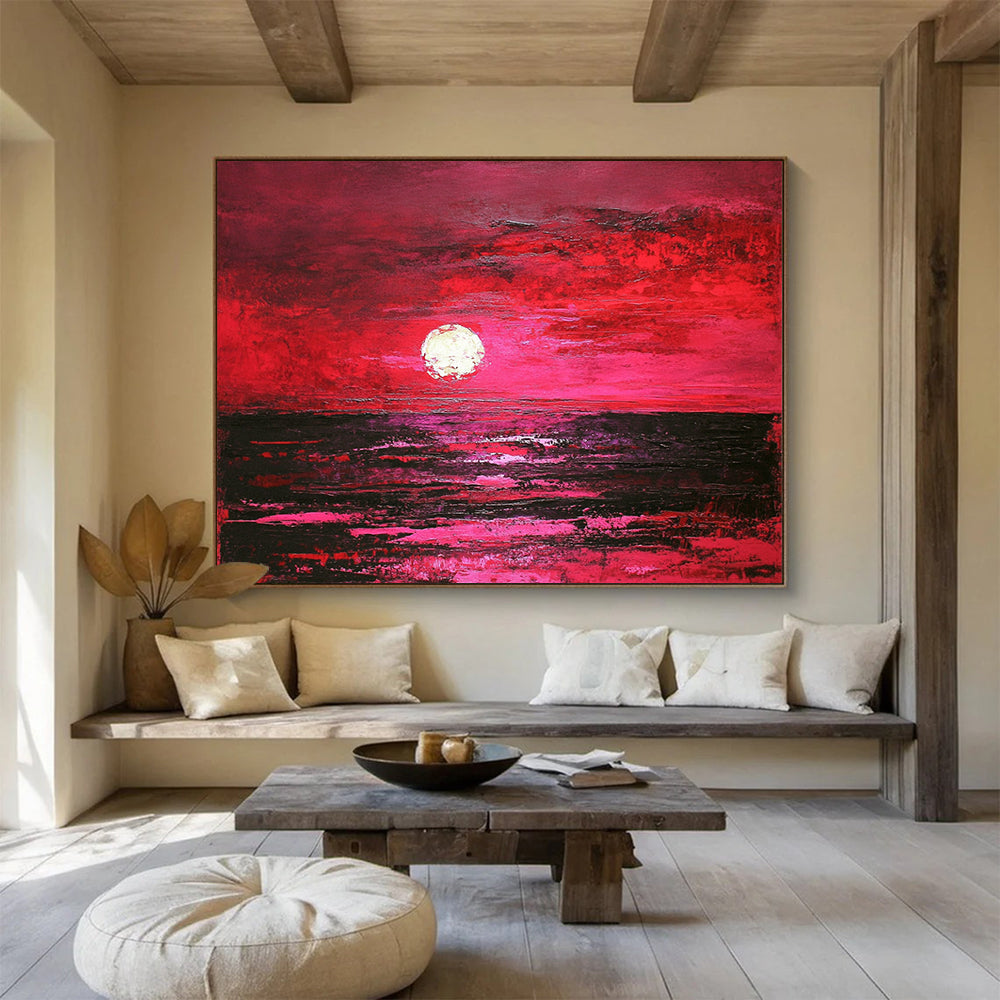 “Crimson Sunset Sea” - Deep Reds, Pinks, Purples, Ocean at Sunset - Textured Oil Painting HB1731