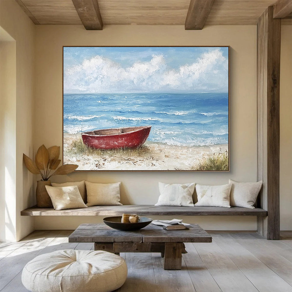 “Red Boat on Calm Beach” - Blue, Red, Beige, Boat on Sandy Shore - Textured Acrylic Painting HB1697