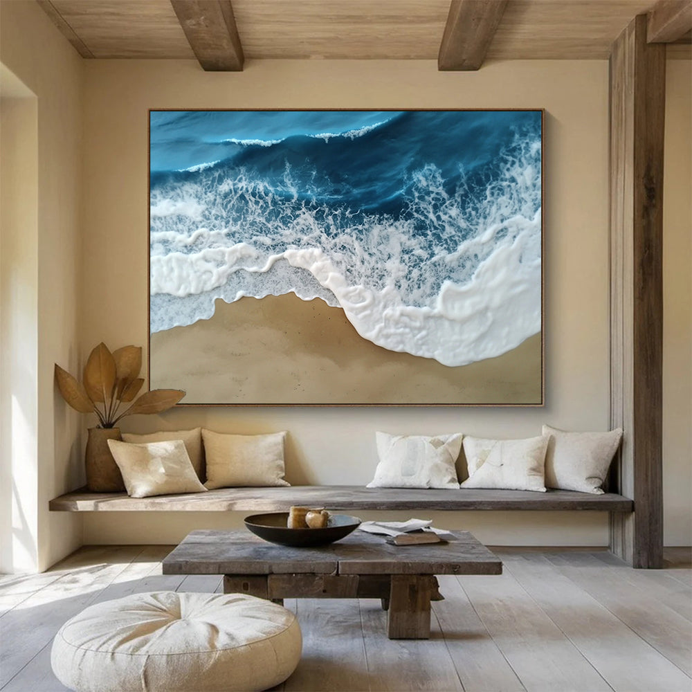 “Textured Ocean Waves” - Blue, White, Beige, 3D - Like Seascape Painting On Canvas HB0688