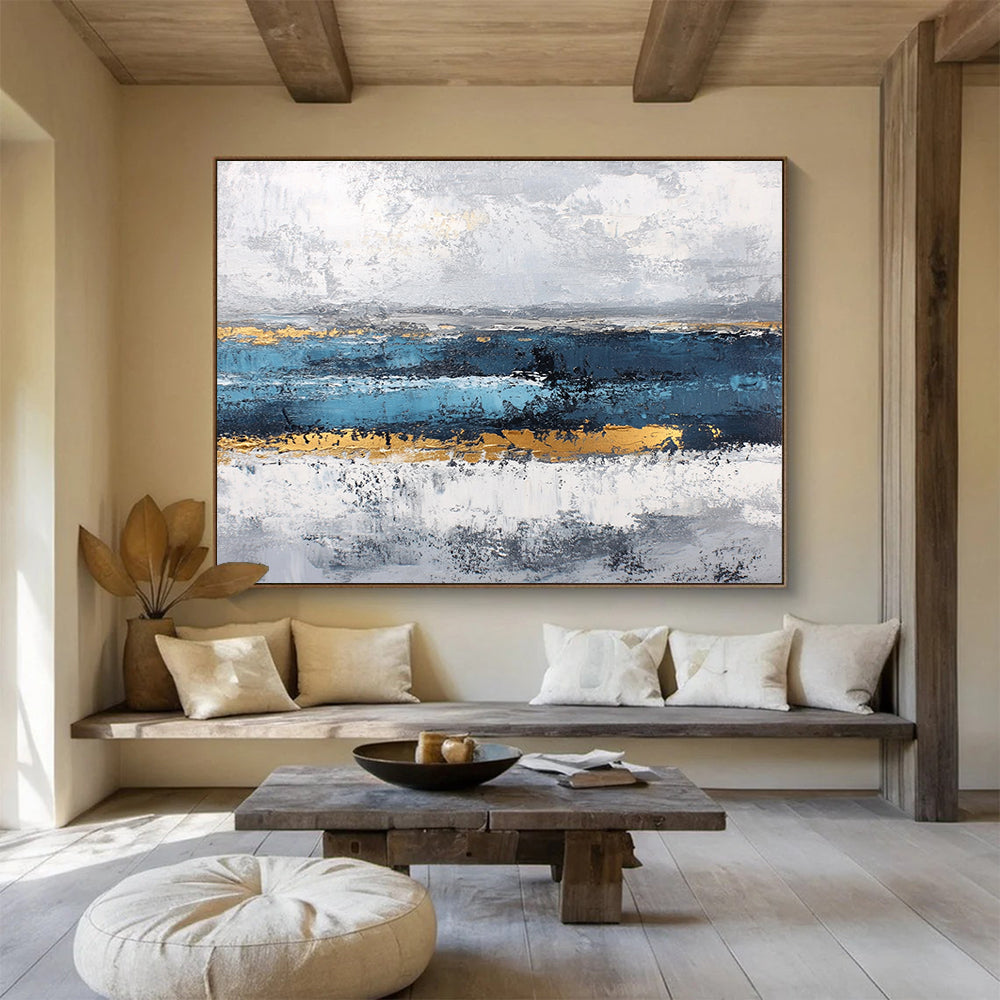 “Gray - Blue Abstract with Gold Accents” - Gray, Blue, Gold, Horizontal Strokes Painting On Canvas HB0838
