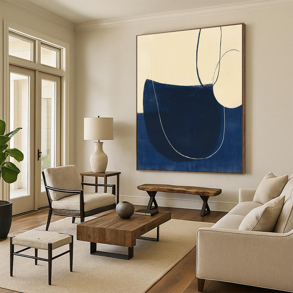 Contemporary hand-painted abstract artwork featuring minimalist line drawings, elegant curves, and a navy blue and cream palette in woodblock print style. DLZ1633