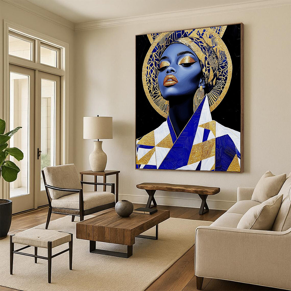 Contemporary abstract art featuring an African queen in gold leaf jewelry and geometric patterns, set against bold black shapes for added depth. DLZ1086