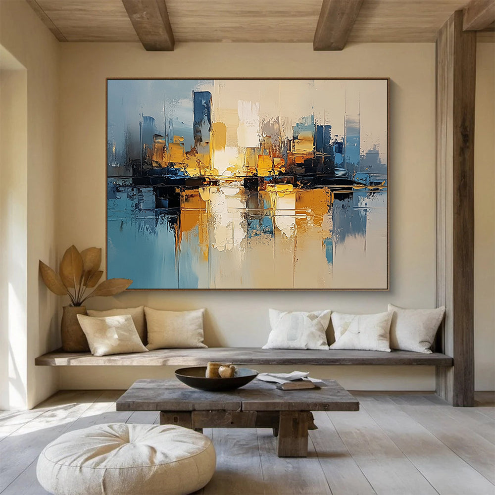 “Golden Skyline” - Blues, golds, whites; Abstract cityscape glowing at dusk; Impasto Oil Painting On Canvas HB1180