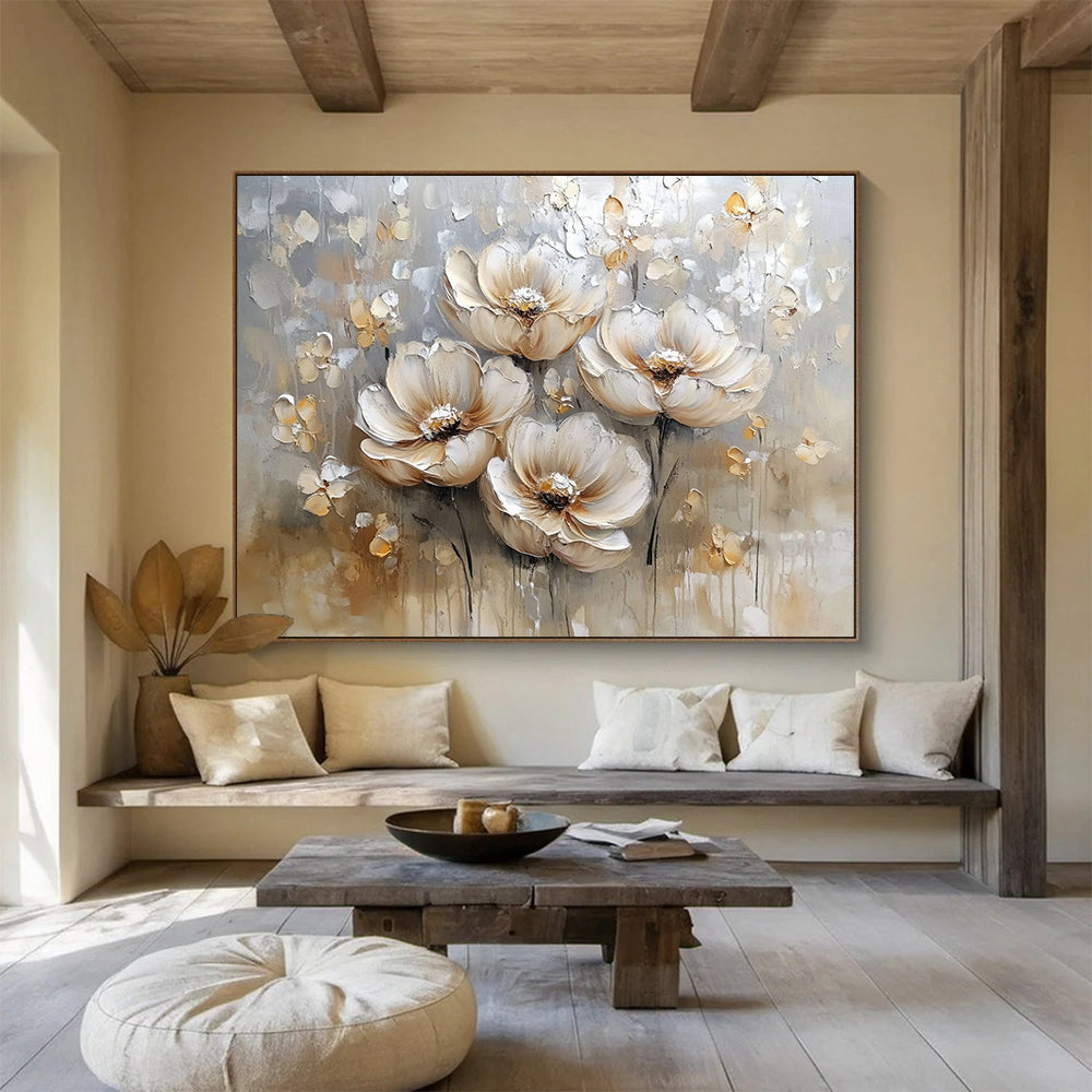 Beige, Gray and White Textured Flowers "Elegant Blooms" Painting On Canvas HB0421
