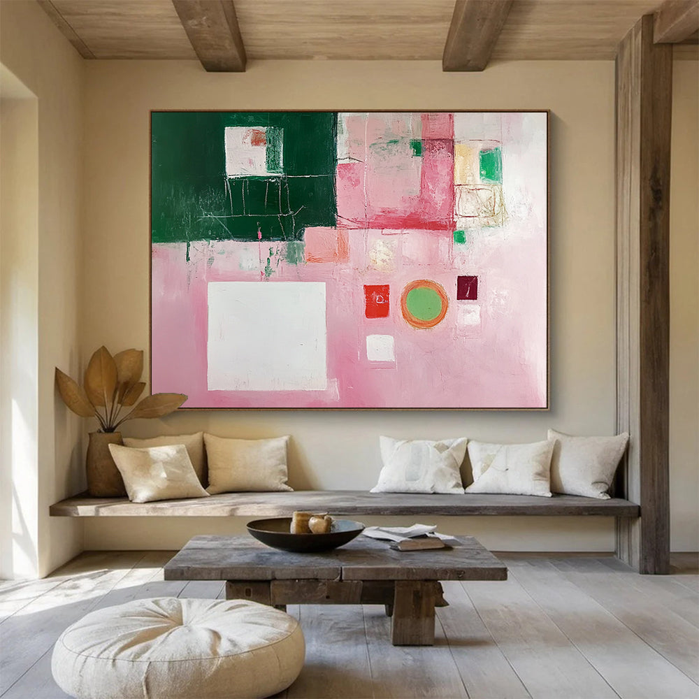 “Pink and Green Collage” - Pink, Green, White, Mixed Geometric Elements - Modernist Acrylic Painting HB1538
