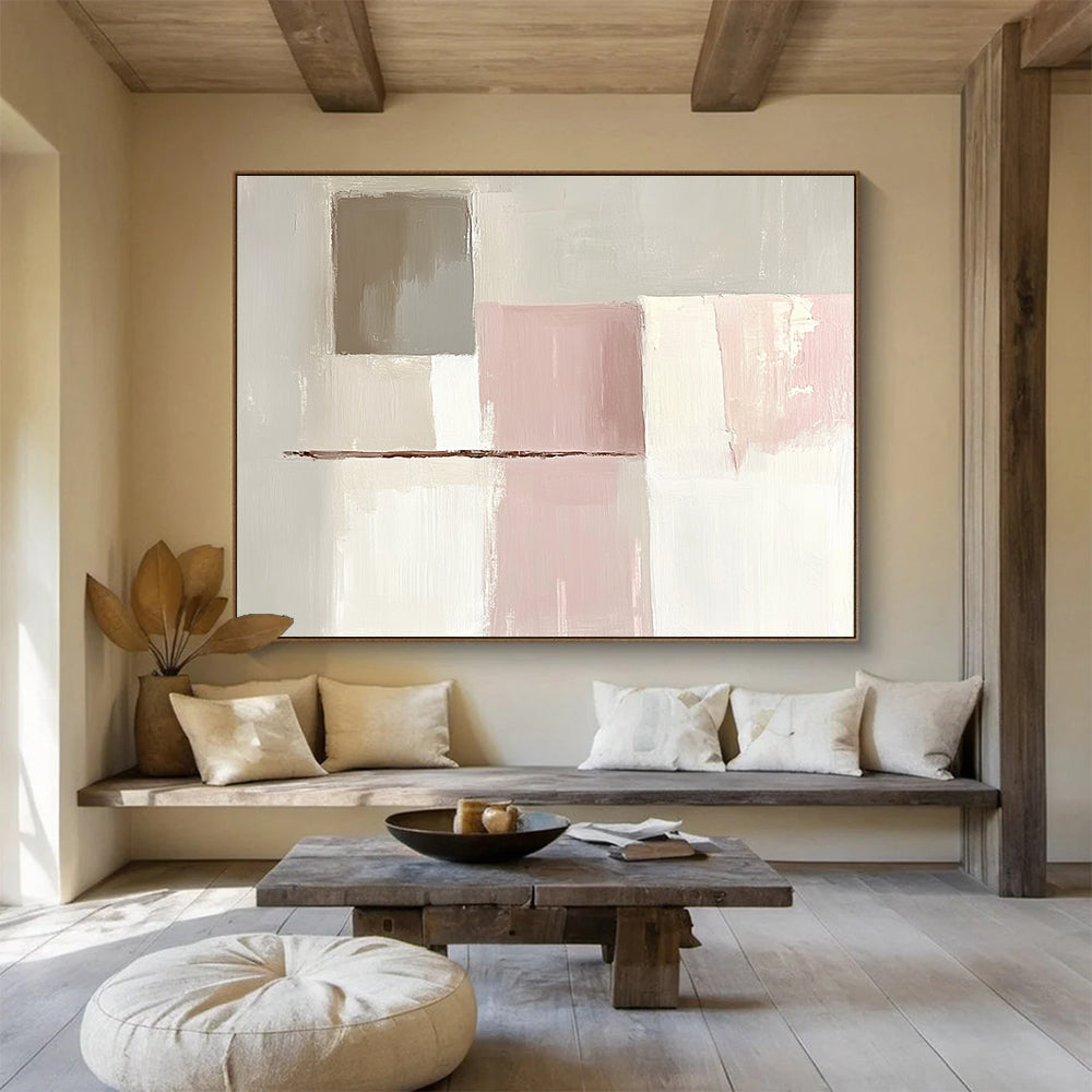 “Pastel Geometric Abstract” - Beige, Pink, White, Brown, Geometric Forms - Painting On Canvas HB1423