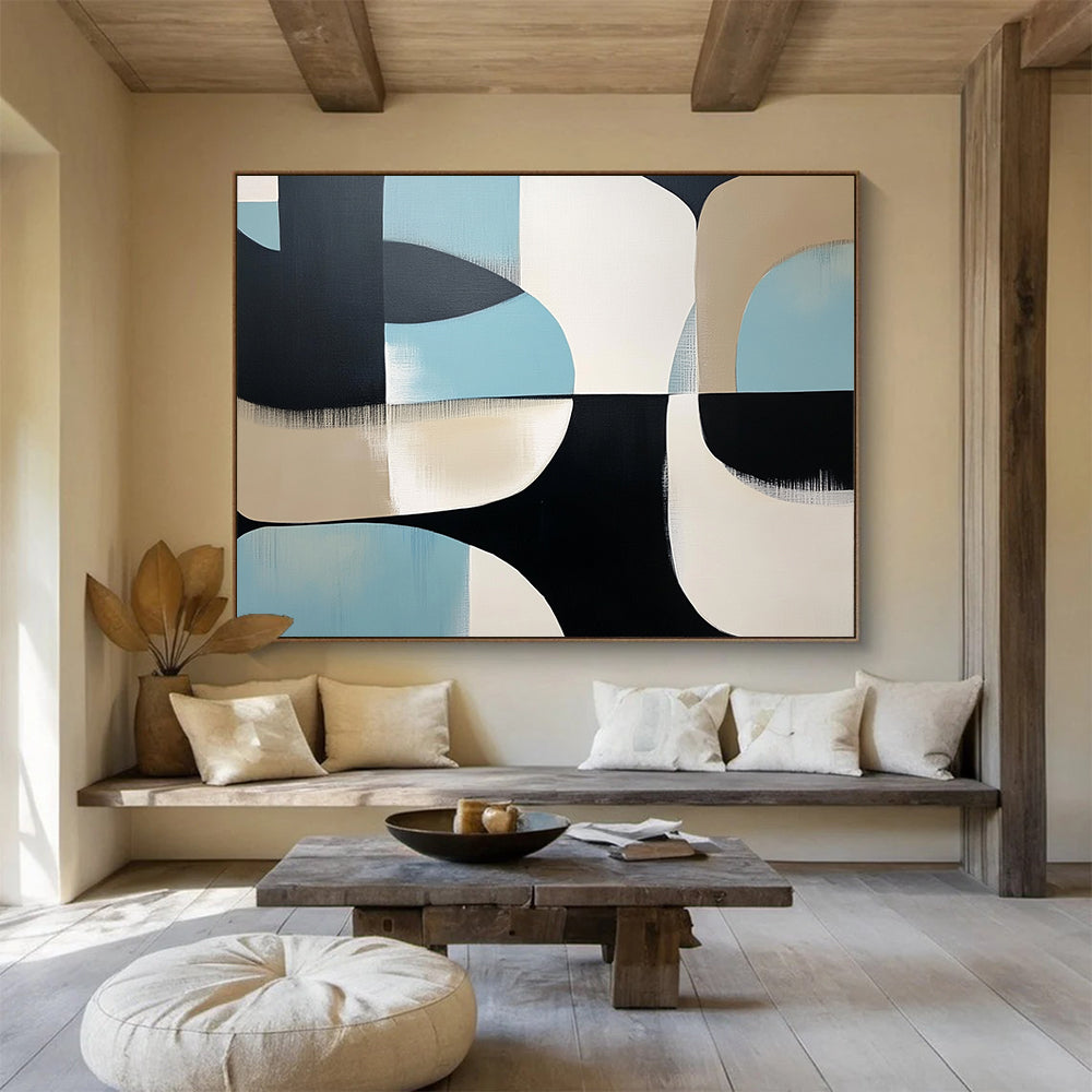 “Curved Geometric Abstract” - Black, white, beige, light blue; Curved geometric abstract shapes; Acrylic Painting On Canvas HB1253