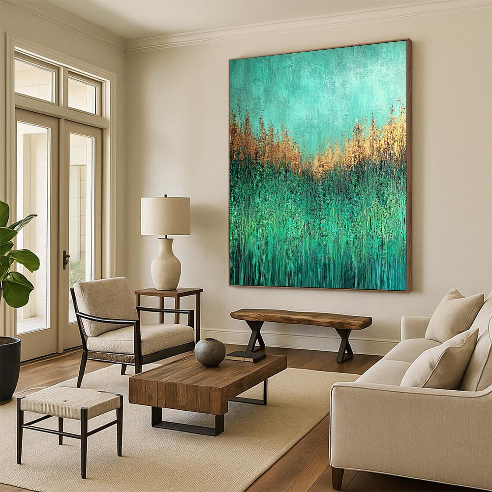 Contemporary abstract painting depicting a textured grassy meadow in aqua green and brown shades on canvas with UHD quality. DLZ0597