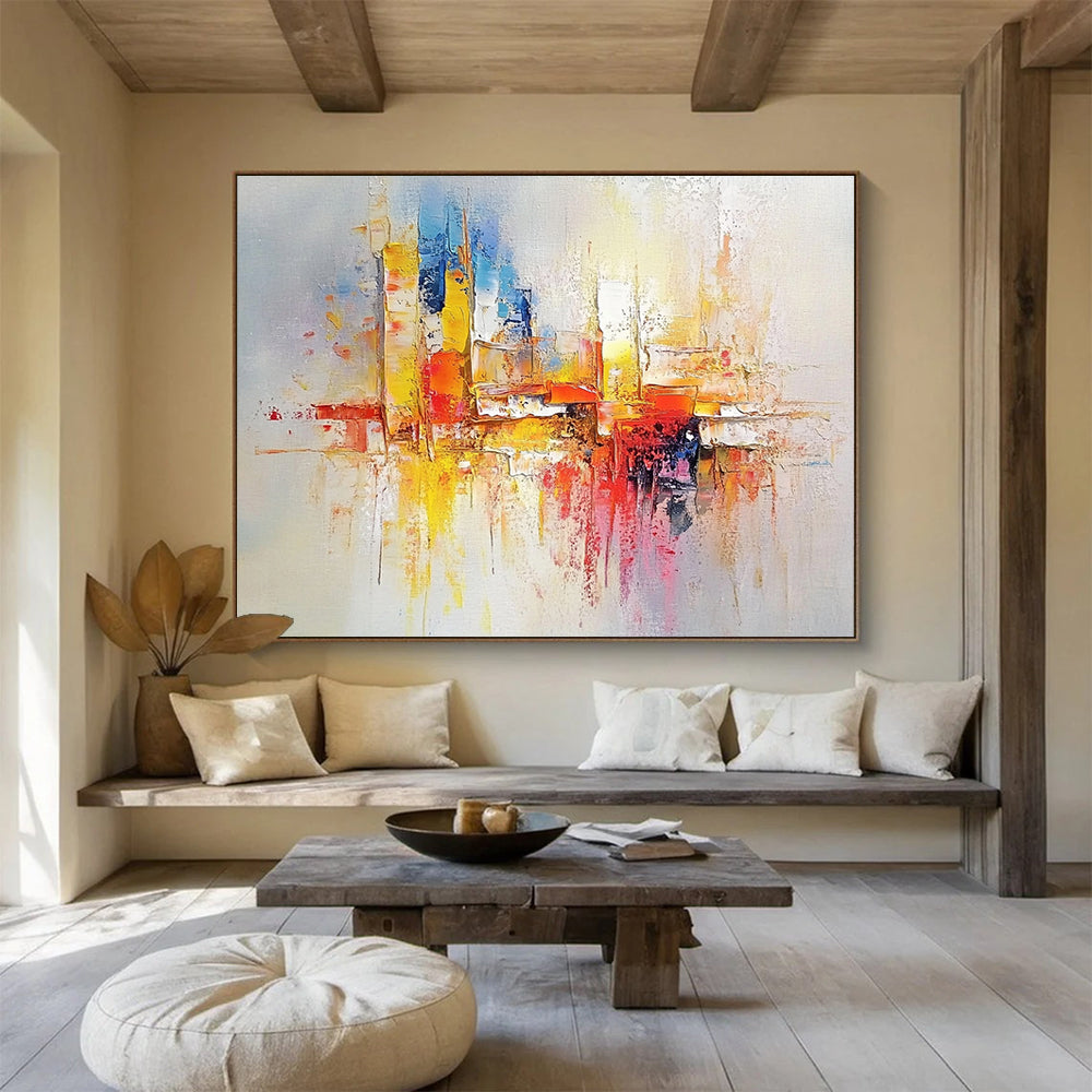 “Colorful City Reflections” - Blue, Yellow, Red, Pink, Abstract Cityscape with Reflections Painting On Canvas HB1080