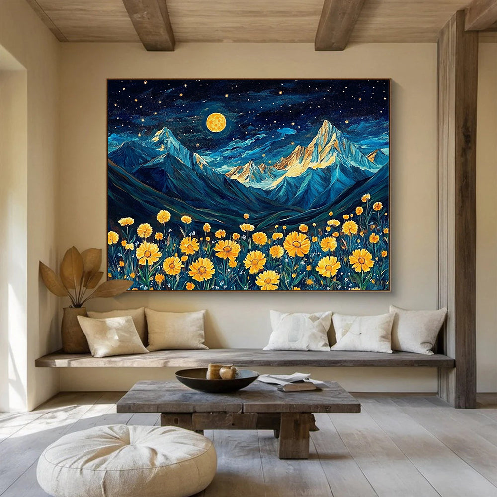 “Moonlit Mountain Flowers” - Blue, Yellow, Mountain & Floral Oil Painting On Canvas HB0718