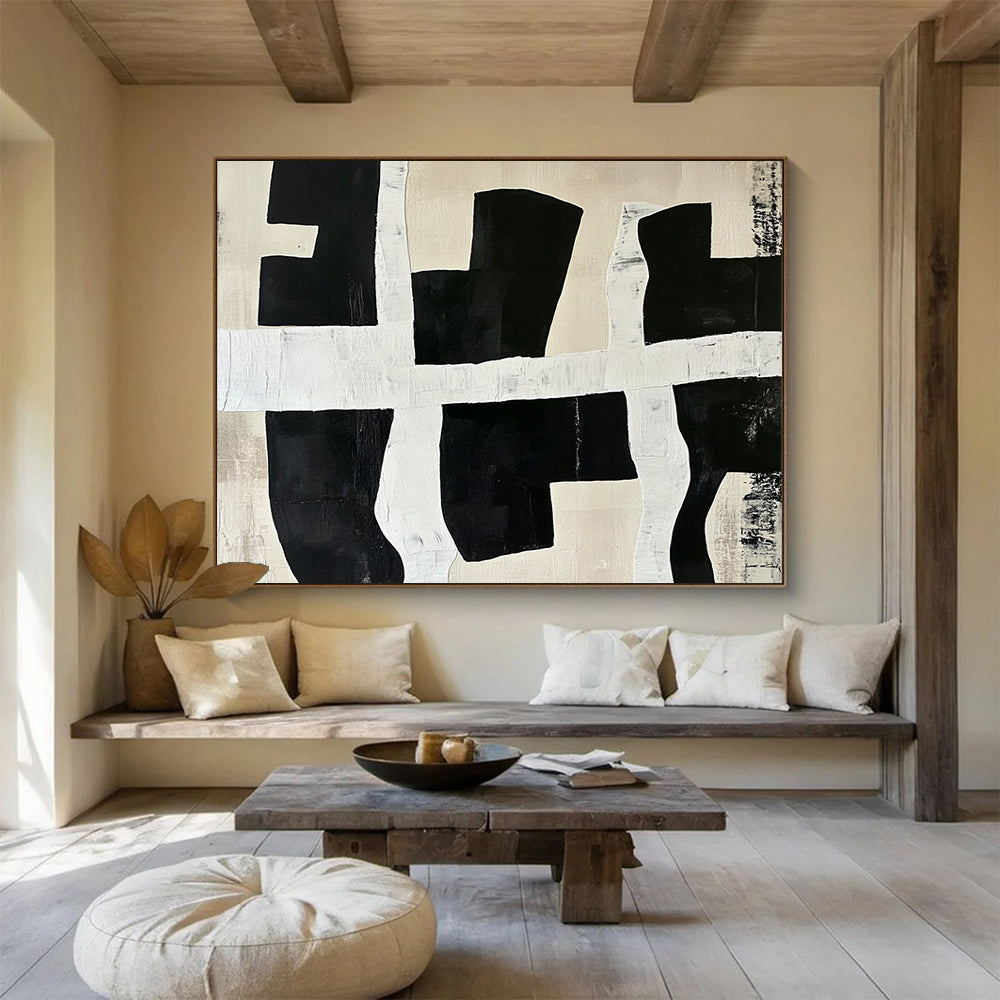 “Black - White Grid Shapes” - Black, white, beige, Abstract Geometric Painting HB0640