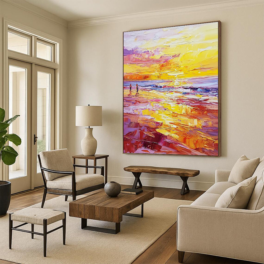 Contemporary abstract painting featuring vibrant sunset hues with palette knife textures and small figures on a beach during golden hour. DLZ0476