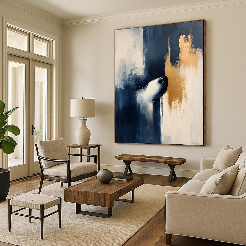 Contemporary hand-painted abstract art featuring dark blue and beige hues with elegant gold accents, perfect for modern decor. DLZ0850