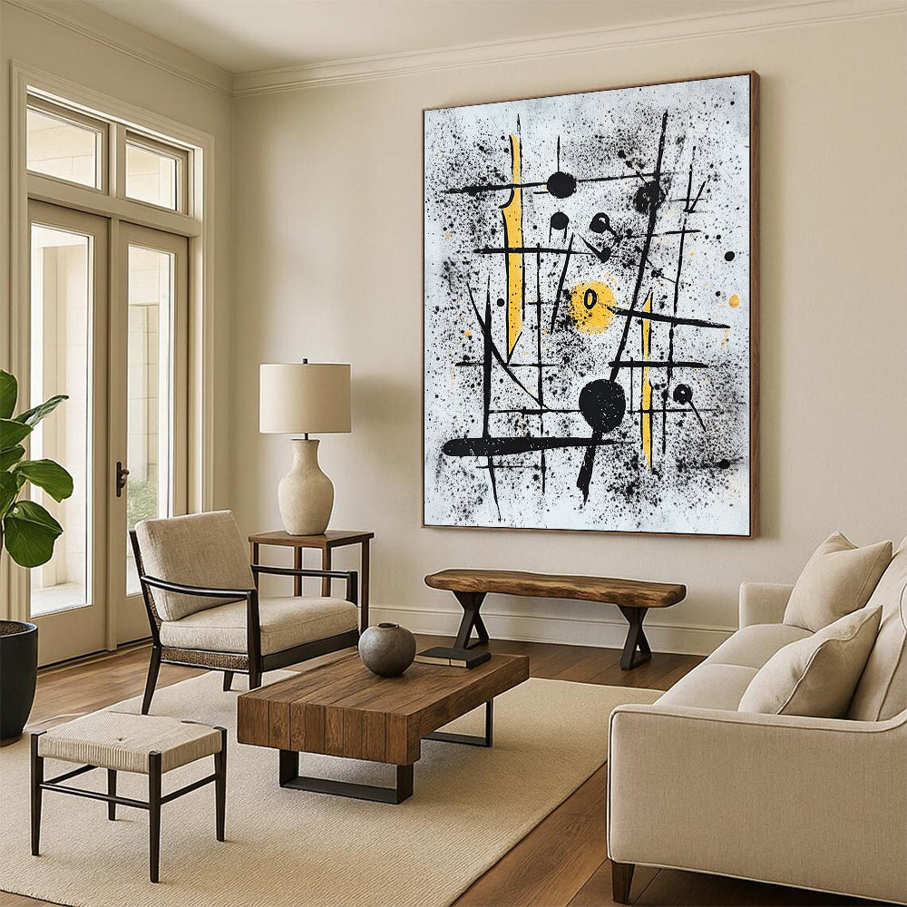 Black, White & Yellow Spattered Lines - “Chaotic Energetic Scribbles” Painting On Canvas HB205