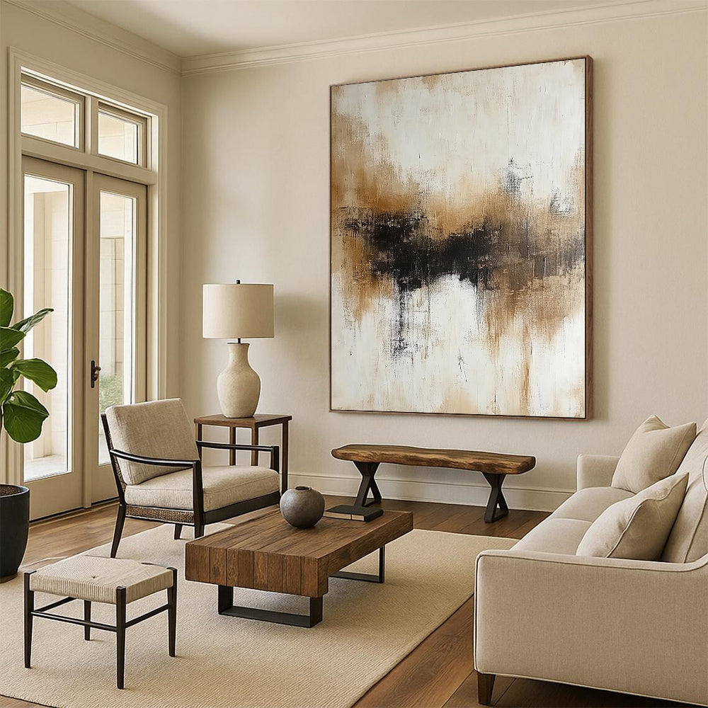 Contemporary hand-painted abstract artwork featuring neutral beige and white tones with subtle brown accents on a soft neutral background. DLZ0561