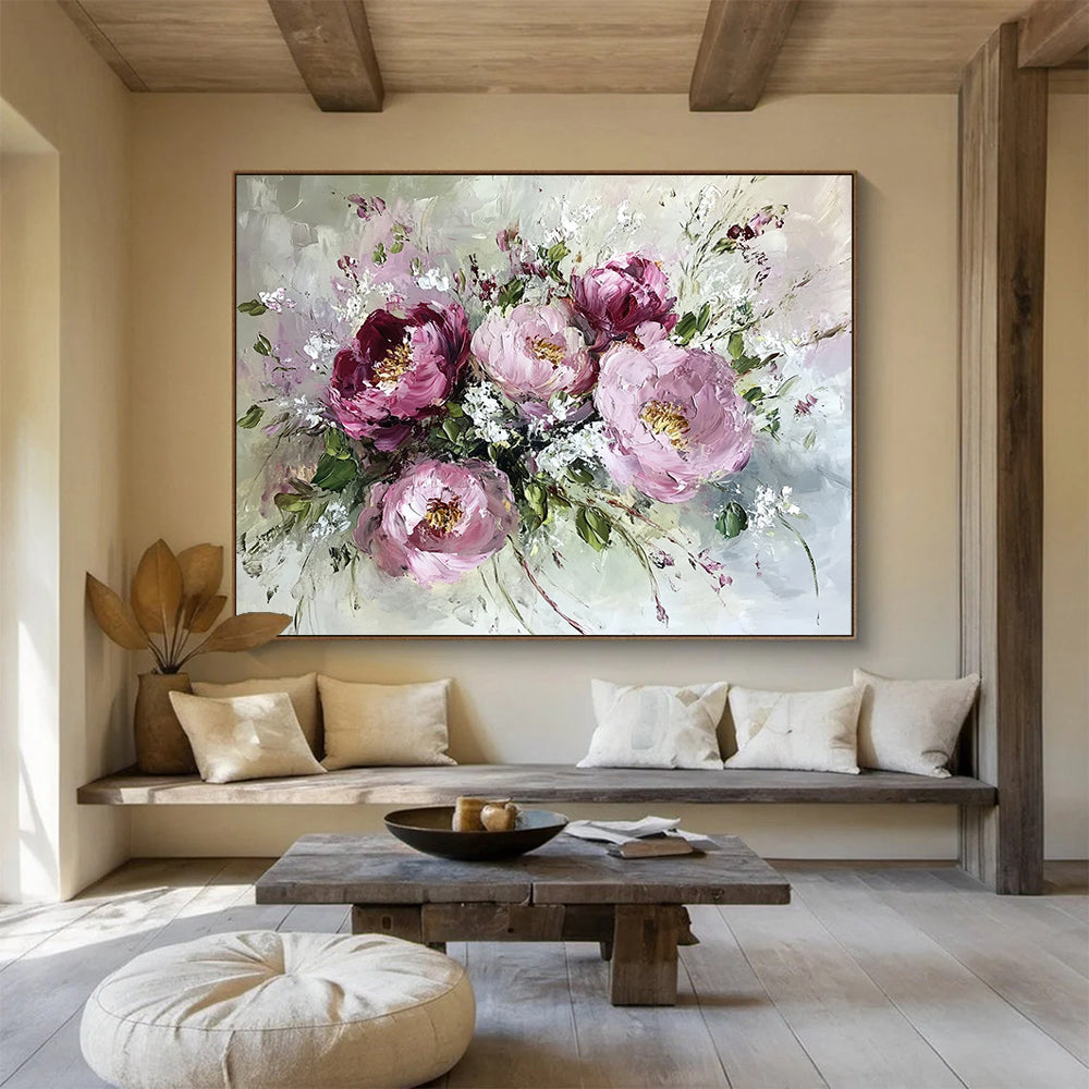 “Pink - Toned Peony Bouquet” - Pinks, Whites, Greens, Peony Flowers - Impasto Oil Painting HB1586