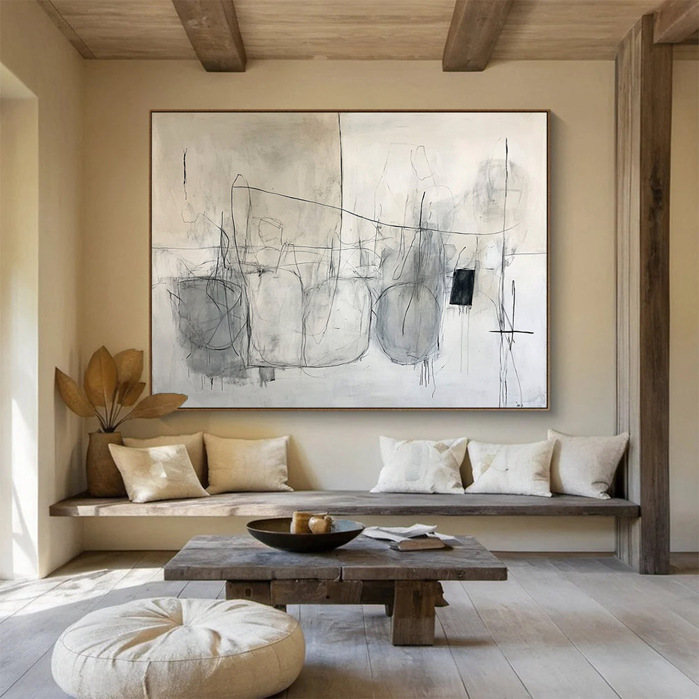“Minimalist Sketches” - Gray, Black, White, Abstract Line Drawings Painting On Canvas HB1041