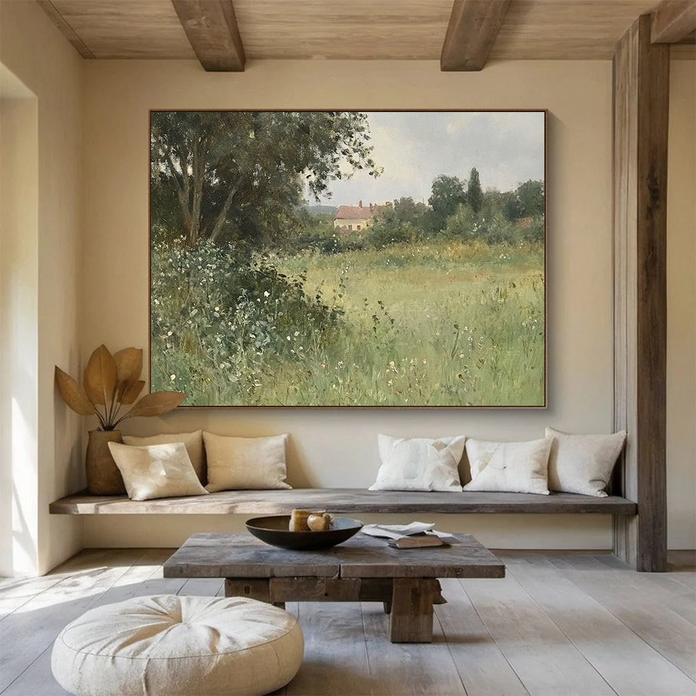 “Rural Retreat” - Greens, Browns, Whites, Countryside with House - Realist Oil Painting HB1597