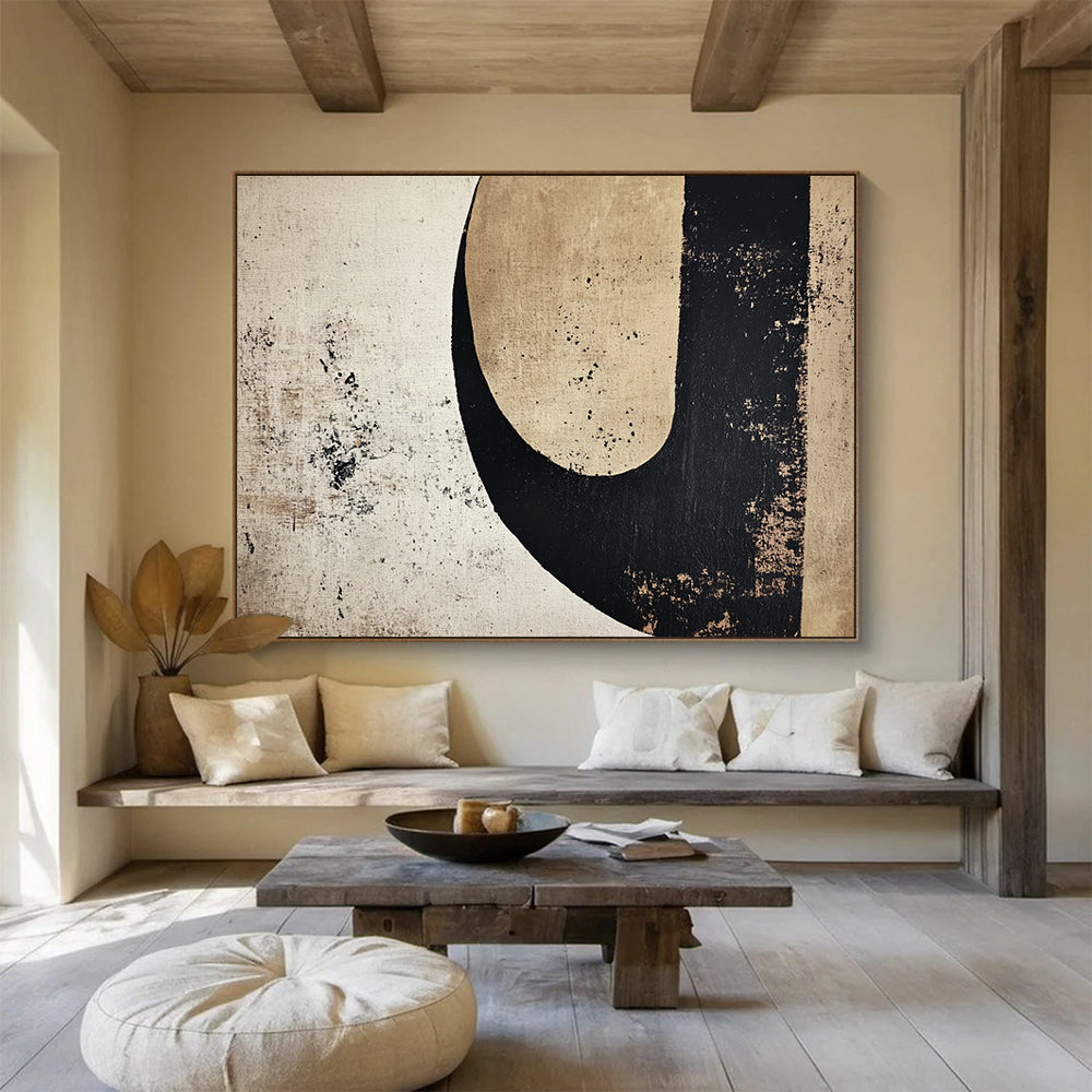 Neutral Tones with Black and Beige Shapes - Minimalist Abstract Painting On Canvas HB0492